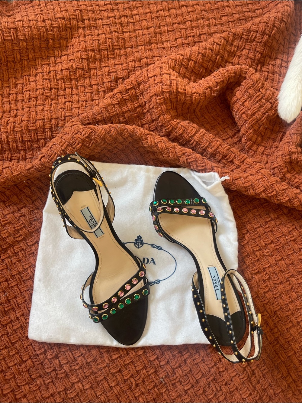 Prada Black Leather Jeweled Ankle-Strap Sandals